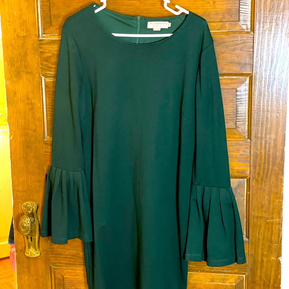 NWOT Molly Bracken Dark Green Knit Ruffle Sleeve Midi Dress